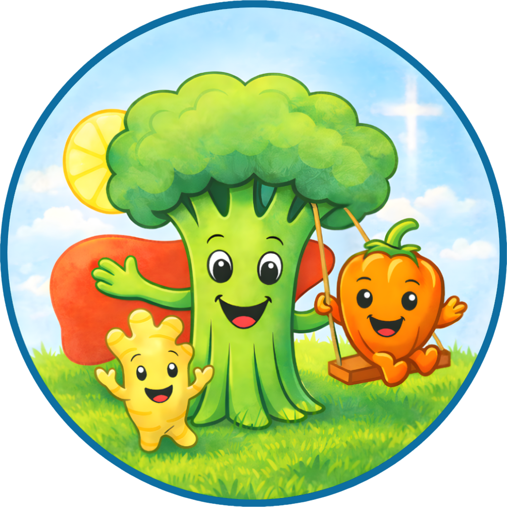 Round Embrobi logo featuring cheerful broccoli, ginger, habanero, and liver characters on grass with a blue sky background, a white cross in the sky, and a blue circular outline.