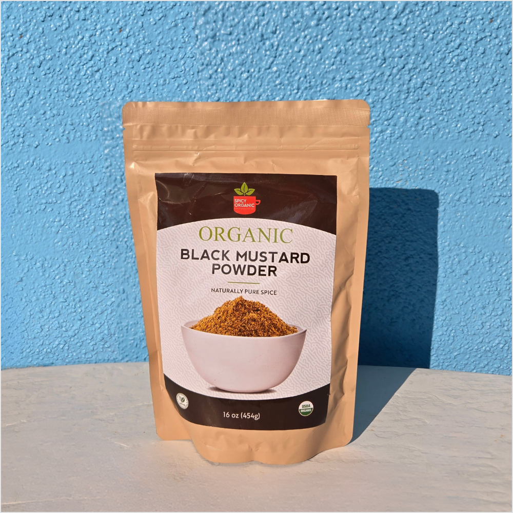 Embrobi product thumbnail for Spicy Organic organic black mustard powder, a pantry helper for homemade mustard, dressings, and helping support sulforaphane formation in cooked broccoli.