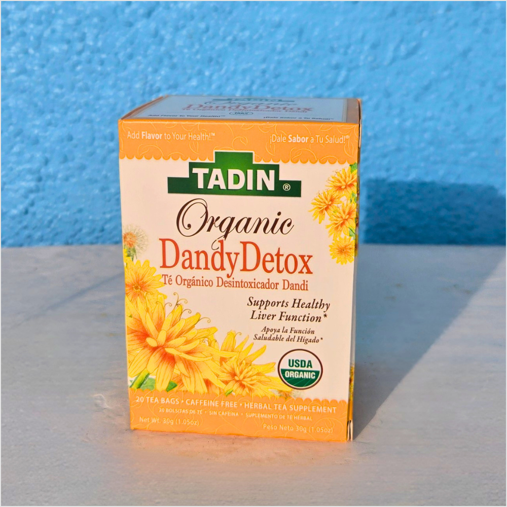 Tadin Organic Dandy Detox tea box with dandelion root, a caffeine-free herbal tea for a liver-supportive tea routine.