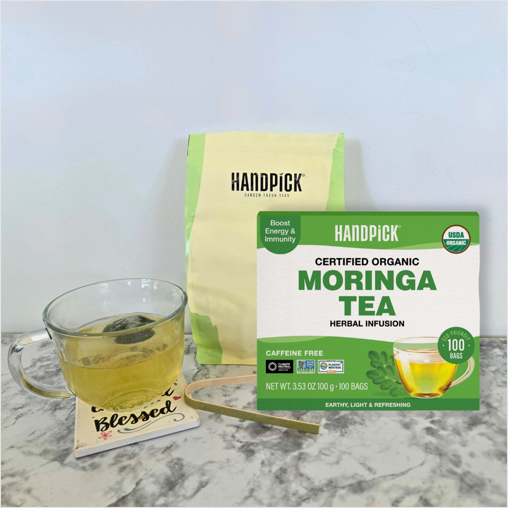 HANDPICK organic moringa tea bags, caffeine-free herbal tea made from moringa leaves.