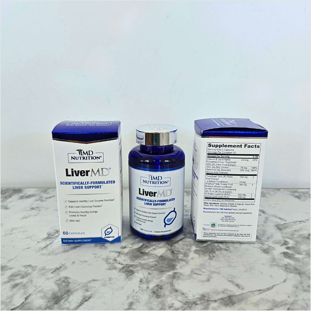 Embrobi product thumbnail for LiverMD liver-support supplement by 1MD Nutrition, featuring milk thistle, NAC, ALA, zinc, selenium, and vitamin E support for a thoughtful liver-health routine.