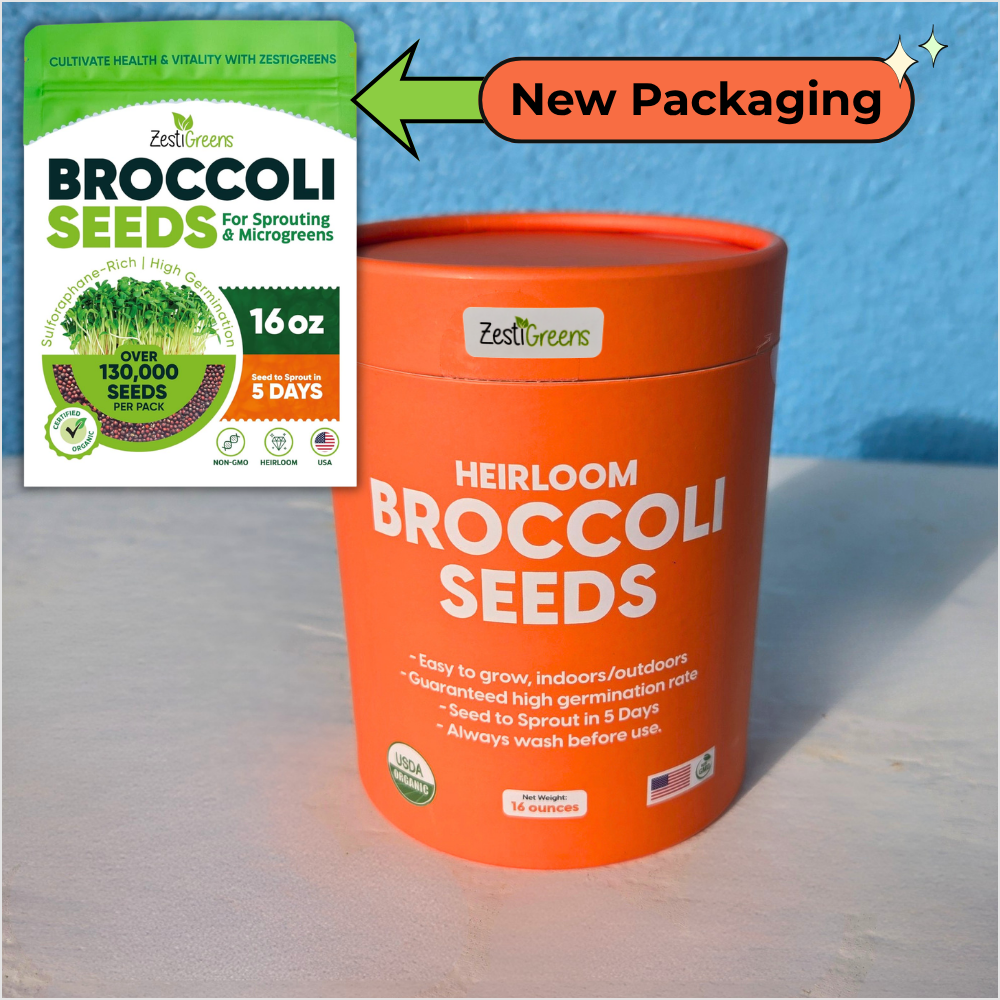 Embrobi product thumbnail for heirloom broccoli sprouting seeds used to grow fresh broccoli sprouts at home for liver-nourishing, low-sodium living.