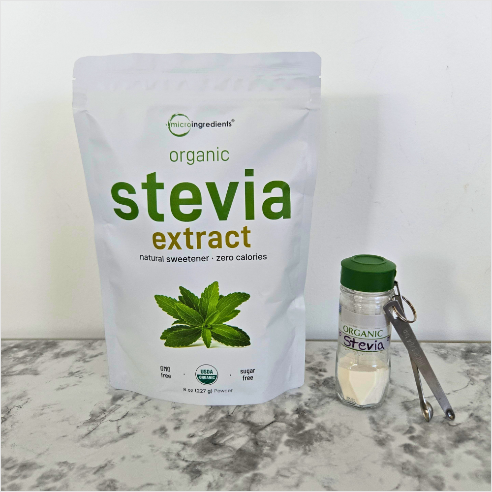 Embrobi product thumbnail for MicroIngredients organic stevia extract powder, a clean pantry plant-derived sweetener with no fillers and only a tiny amount needed.