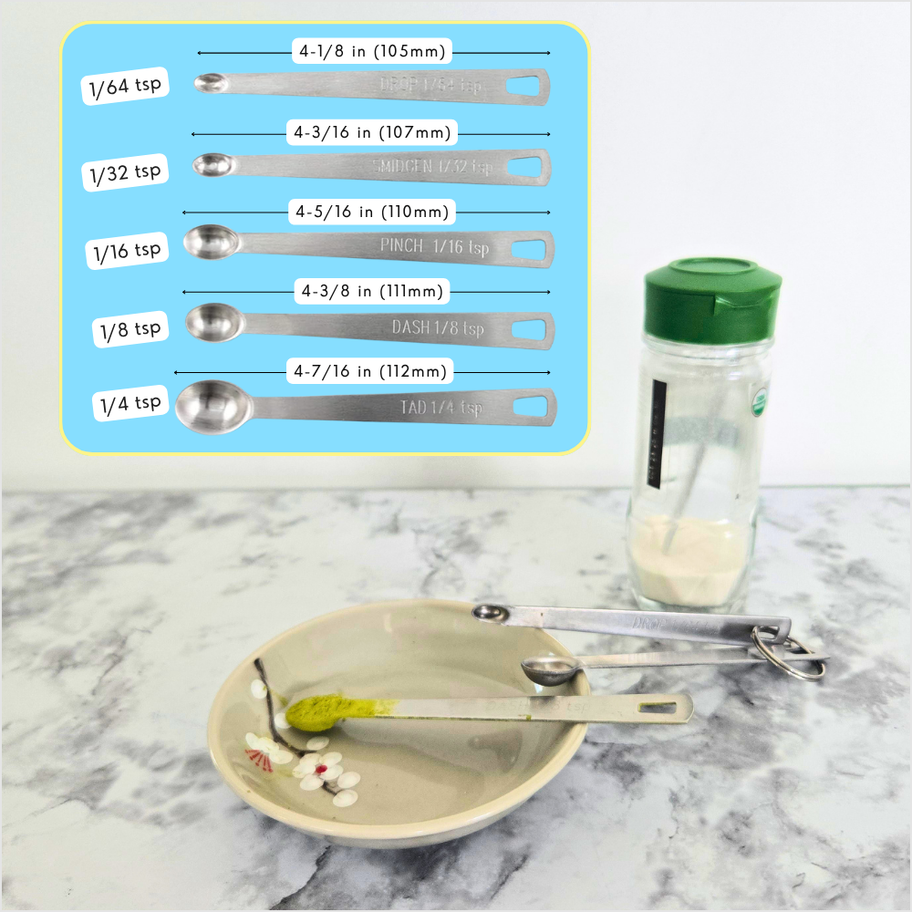 Mini stainless steel measuring spoons set with tiny spoon sizes for measuring small amounts of spices, powders, and stevia.