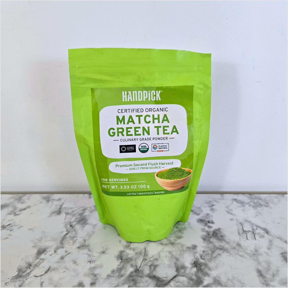 HANDPICK organic matcha green tea powder package for making antioxidant-rich green tea drinks.
