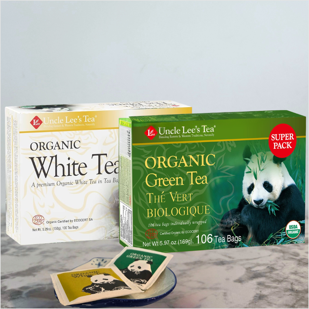 Uncle Lee’s organic white and green tea variety pack with individually wrapped tea bags.