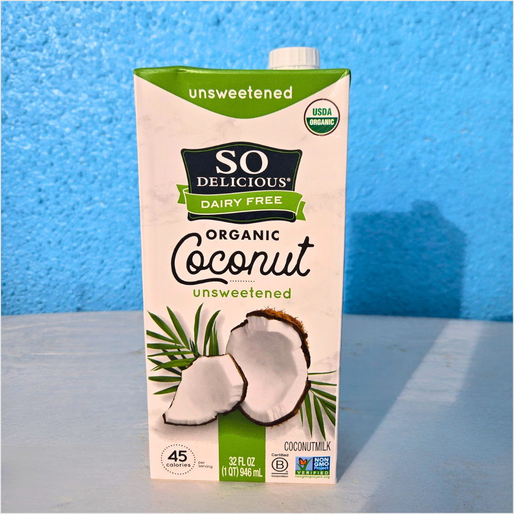 So Delicious organic unsweetened coconut milk in a shelf-stable carton, a dairy-free milk for coffee, dressings and chia pudding.
