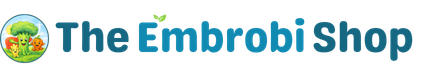 Embrobi logo beside blue “The Embrobi Shop” wordmark, representing hopeful liver cirrhosis living with cheerful liver, broccoli, ginger, habanero, lemon sunshine, blue sky, grass, and white cross