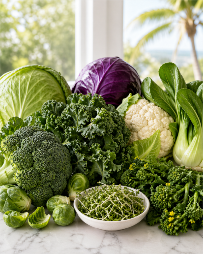 Embrobi educational image of cruciferous vegetables including broccoli, broccoli sprouts, kale, green cabbage, red cabbage, Brussels sprouts, cauliflower, bok choy, and rapini on a white granite countertop with a softly blurred Florida palm tree outside the window.