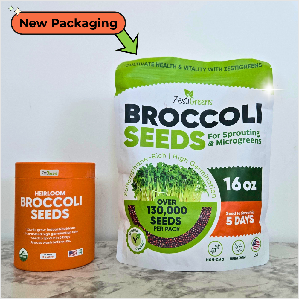 Embrobi product thumbnail for ZestiGreens heirloom broccoli sprouting seeds used to grow fresh broccoli sprouts at home for liver-nourishing, low-sodium living.