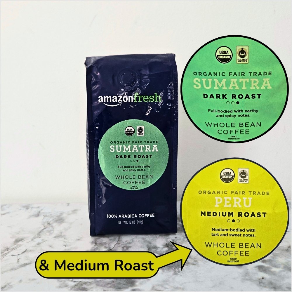 Amazon Fresh organic fair trade whole bean coffee in Peru medium roast and Sumatra dark roast, for brewing organic coffee at home.