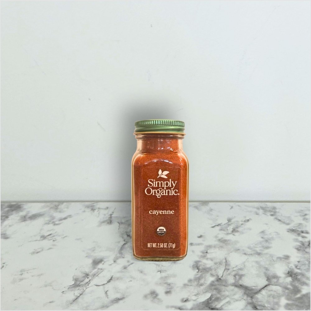 Simply Organic cayenne pepper jar for adding spicy flavor to low-sodium meals.