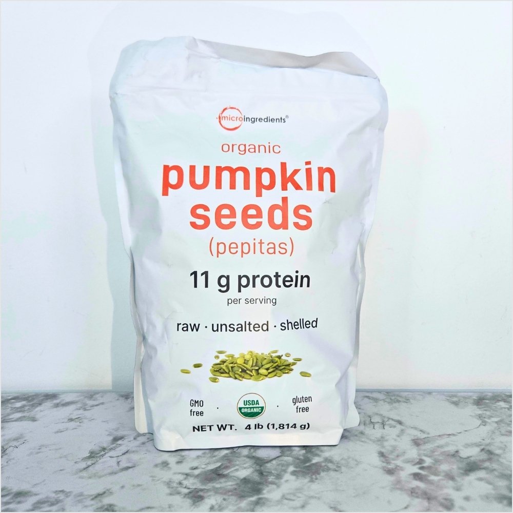 Micro Ingredients organic pumpkin seeds in a 4 pound bag, raw, unsalted and shelled pepitas for snacking and topping.