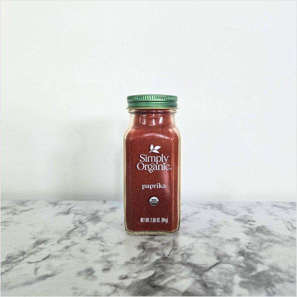 Simply Organic paprika jar for adding mild, sweet color and flavor to low-sodium meals.