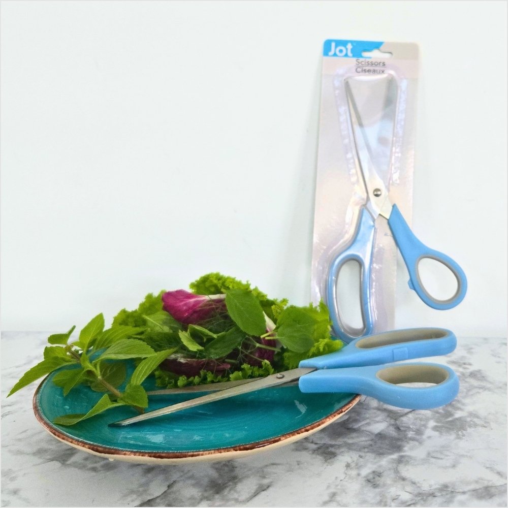 Jot kitchen scissors with light blue handles, one pair still in its package and one kitchen-only pair on a plate of fresh salad greens and herbs.